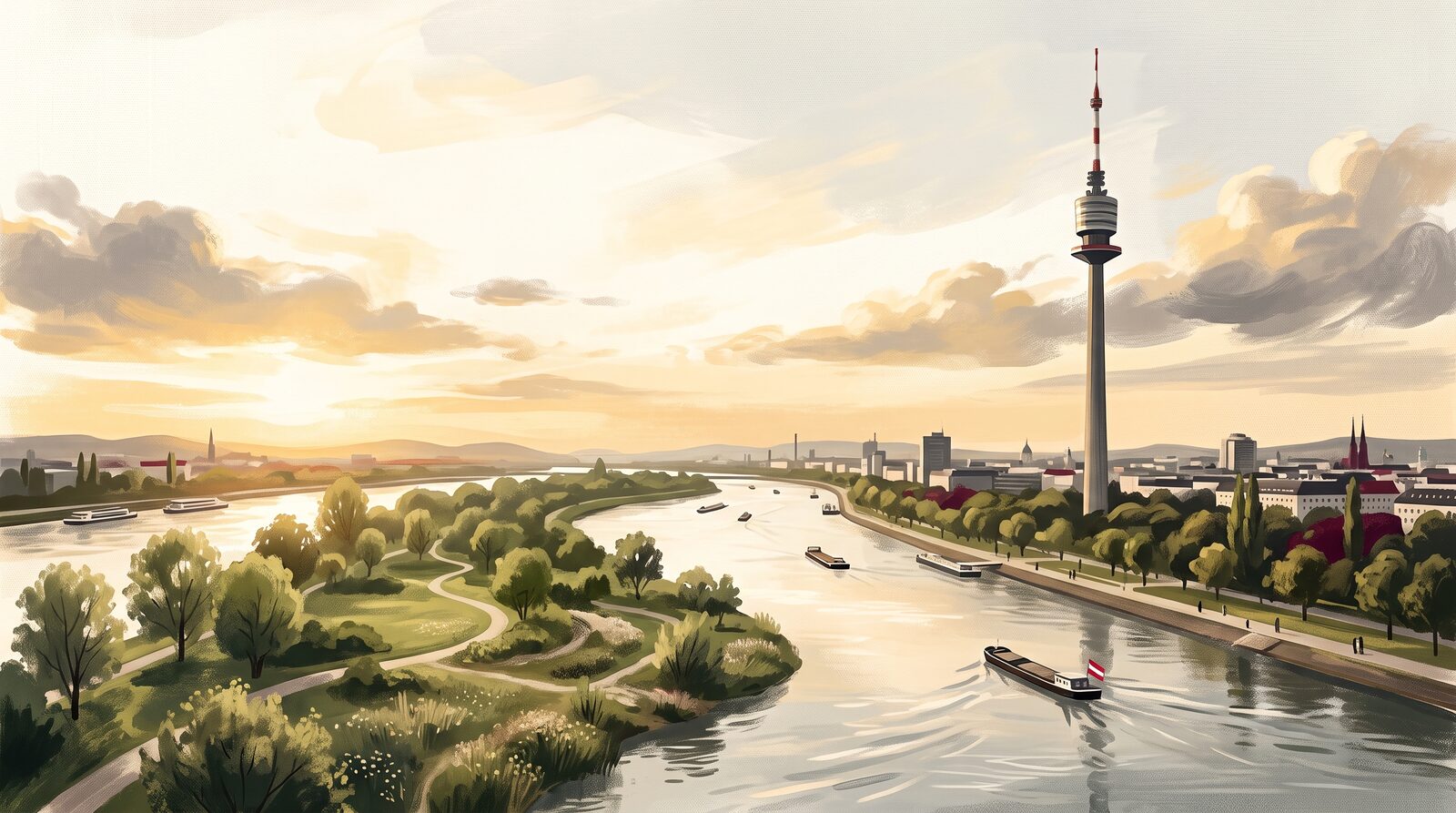Wien — Donau mit Donauturm (Illustration)