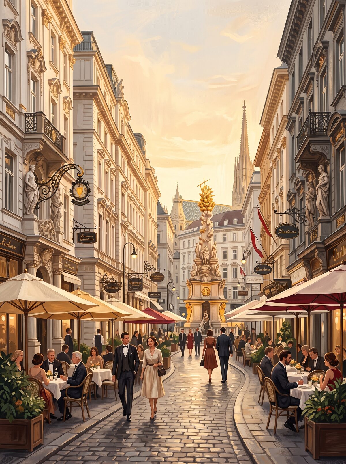 Wien — Graben mit Kaffeehausterrassen (Illustration)