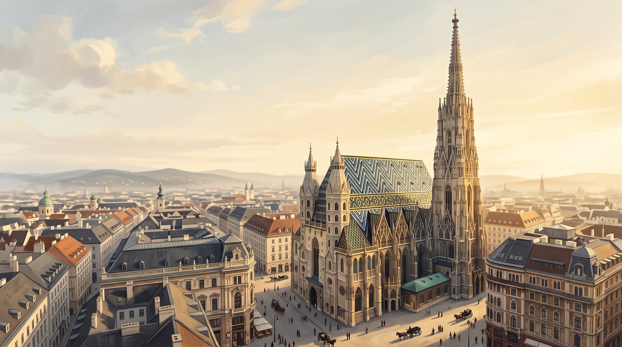 Wien — Stephansdom über den Dächern der Innenstadt (Illustration)